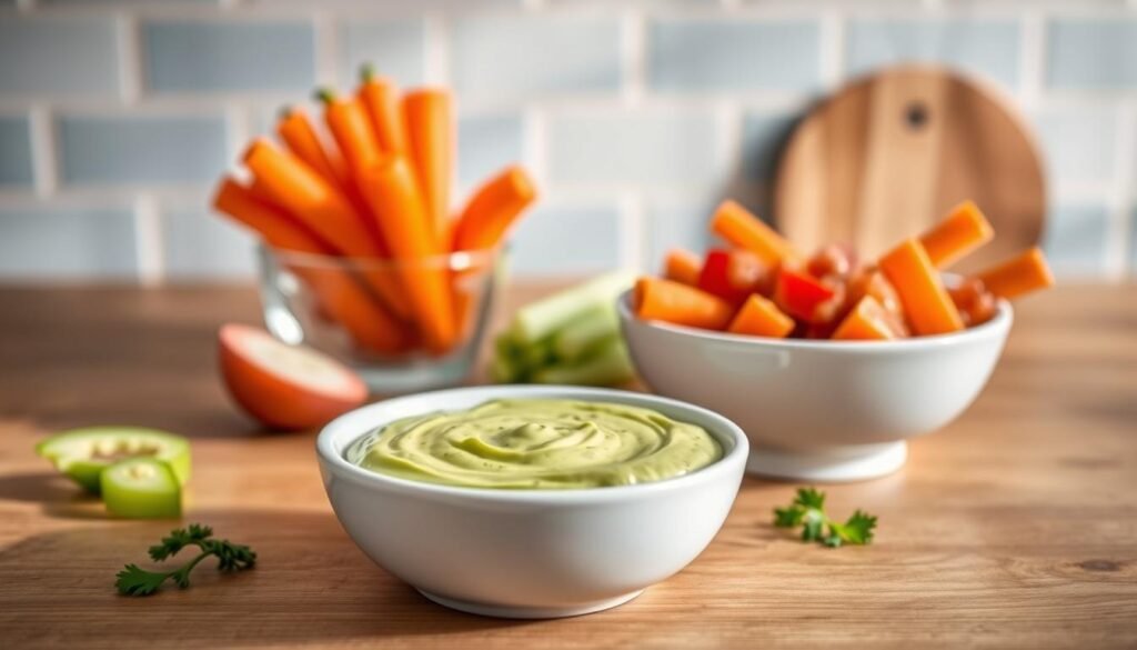 A wooden kitchen counter, bathed in soft, natural light, showcases an assortment of quick and easy finger food dips. In the foreground, a simple white ceramic bowl contains a creamy, vibrant green herb dip, while another bowl nearby holds a zesty, sun-kissed tomato salsa. In the middle ground, sliced bell peppers, crisp celery sticks, and fresh baby carrots stand ready to be dipped. The background features a light blue tiled backsplash, lending a soothing, minimalist ambiance to the scene. The overall mood is one of casual elegance, inviting the viewer to imagine effortlessly assembling these delightful, nourishing dips for a satisfying cold lunch or gathering.