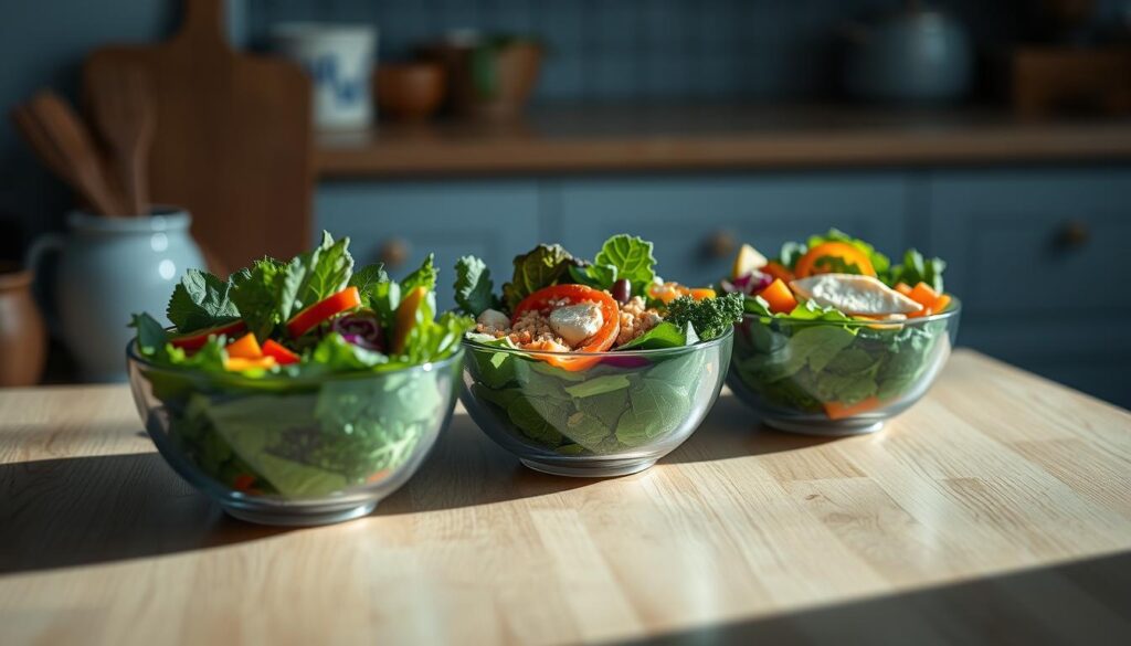 A wooden kitchen counter in a soft blue-toned light, holding three harmonious salad bowls filled with a colorful medley of fresh greens, vibrant vegetables, and a light protein. The bowls are arranged with precision, showcasing the balanced, nutritious components of a well-planned meal prep. Subtle shadows and highlights accentuate the textures of the ingredients, creating an inviting, appetizing scene. The overall atmosphere is calm, clean, and focused, highlighting the health-conscious nature of this balanced salad bowl meal.