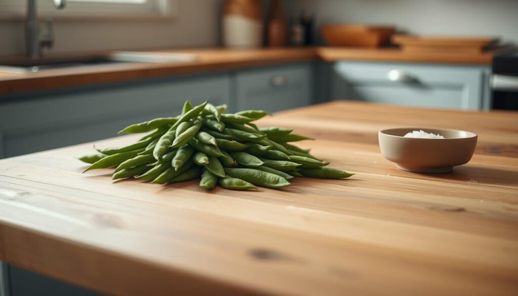 A wooden kitchen counter, softly lit by natural light filtering through a nearby window. On the surface, a carefully arranged display of freshly shelled edamame beans, their vibrant green hues contrasting against the warm wooden tones. Beside them, a small ceramic bowl filled with a sprinkle of sea salt, ready to season the delicate legumes. In the background, a hint of light blue cabinetry adds a calming touch to the serene scene. The overall atmosphere is one of simplicity and intentionality, inviting the viewer to appreciate the beauty and preparation of this nutritious ingredient.