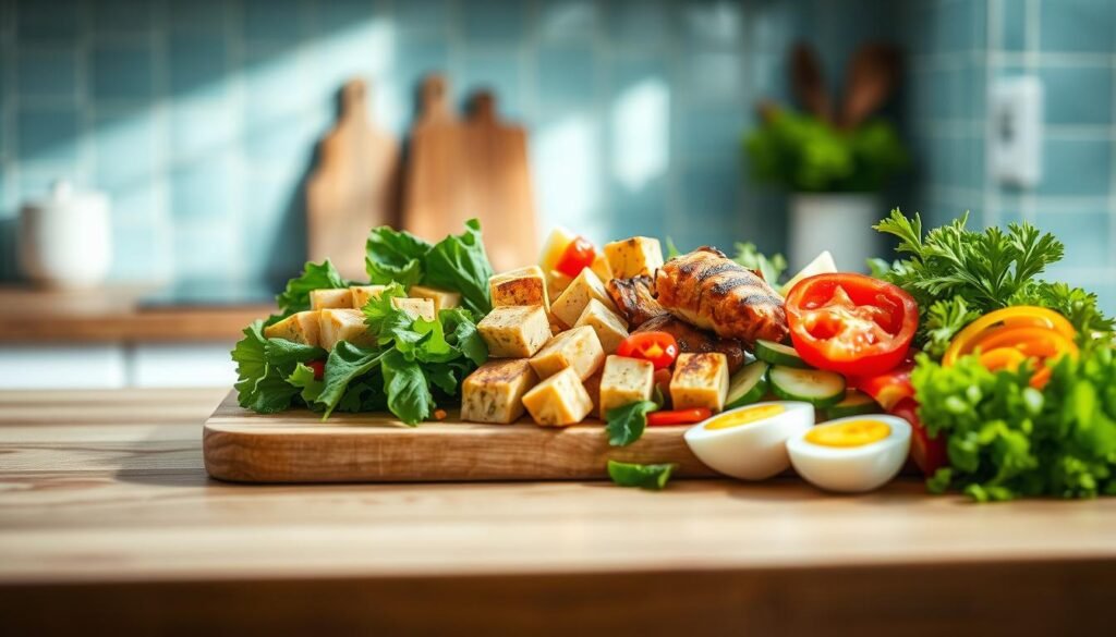 A wooden kitchen counter with a crisp, light blue backsplash. Atop the counter, an artfully arranged selection of protein-rich lunch options. Tender grilled chicken, marinated tofu cubes, and hard-boiled eggs nestled among freshly chopped vegetables - vibrant peppers, crunchy cucumbers, and leafy greens. Natural lighting filters in, casting a warm, inviting glow over the scene. The overall mood is one of simplicity, nourishment, and aesthetic appeal, perfectly capturing the essence of a wholesome, protein-packed midday meal.