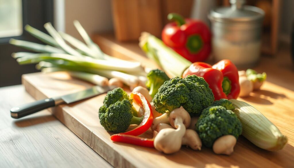 A wooden kitchen counter with a cutting board, a sharp chef's knife, fresh green onions, red bell peppers, broccoli florets, baby corn, and mushrooms neatly arranged. Warm, directional lighting illuminates the ingredients, casting soft shadows and highlighting their textures. The scene conveys a sense of freshness, simplicity, and culinary preparation, setting the stage for a delicious stir-fry dish.