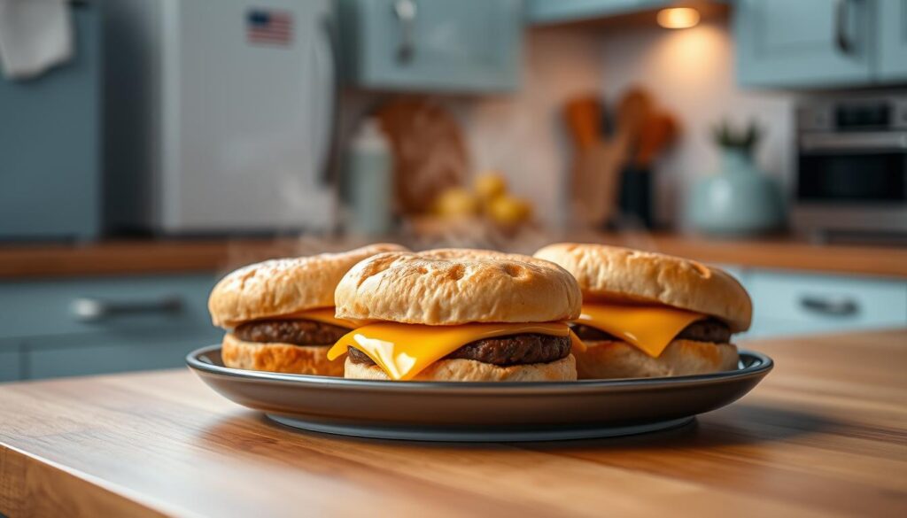 A wooden kitchen counter with a plate of steaming hot breakfast sandwiches, freshly reheated to perfection. The golden-brown, toasted English muffins reveal a melty cheese center and savory sausage patty. Wisps of steam rise from the sandwiches, creating a cozy, inviting atmosphere. Soft, warm lighting from above casts a gentle glow, highlighting the rich textures and mouthwatering details. The minimalist, light blue accents of the kitchen appliances and decor provide a calming, modern backdrop, allowing the delicious sandwiches to take center stage. No hand is visible, letting the food itself be the star of the scene.