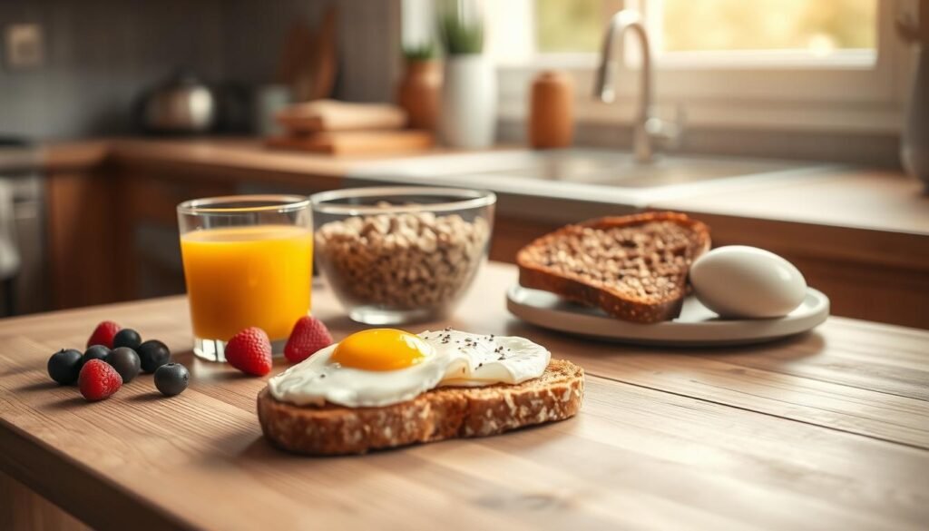 A wooden kitchen countertop, its surface adorned with a neatly arranged spread of breakfast essentials: fresh berries, a bowl of oats, a glass of orange juice, a slice of whole-grain toast, a poached egg, and a sprinkle of chia seeds. Soft, natural lighting filters through the windows, casting a warm glow over the scene. The overall atmosphere exudes a sense of balance, simplicity, and wholesome nourishment, reflecting the &quot;Nutritional Insights for a Balanced Breakfast&quot; theme.