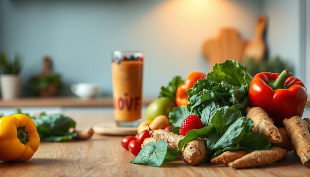 A wooden kitchen table showcases a variety of vibrant, anti-inflammatory superfoods. In the foreground, an array of colorful fruits and vegetables, including bright red bell peppers, deep green leafy greens, and golden turmeric roots, sit atop a natural wood surface. In the middle ground, a glass of fresh smoothie blends together nutrient-dense ingredients like berries, ginger, and chia seeds. The background features a light blue accent wall, casting a calming glow and highlighting the joint-supporting properties of these wholesome, plant-based foods. Warm, soft lighting from overhead creates a cozy, welcoming atmosphere, inviting the viewer to embrace an anti-inflammatory diet for optimal joint health.