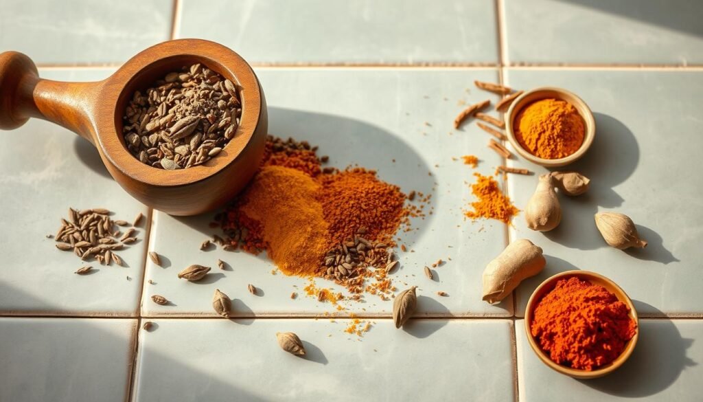 A wooden mortar and pestle filled with an assortment of whole and ground spices, including cumin, coriander, turmeric, ginger, and cardamom pods. The spices are artfully arranged, casting intriguing shadows on the light blue ceramic tiles below. Warm, diffused lighting illuminates the scene, highlighting the rich colors and textures of the aromatic ingredients. The overall composition evokes a sense of rustic charm and culinary expertise, inviting the viewer to explore the nuances of crafting the perfect curry seasoning.