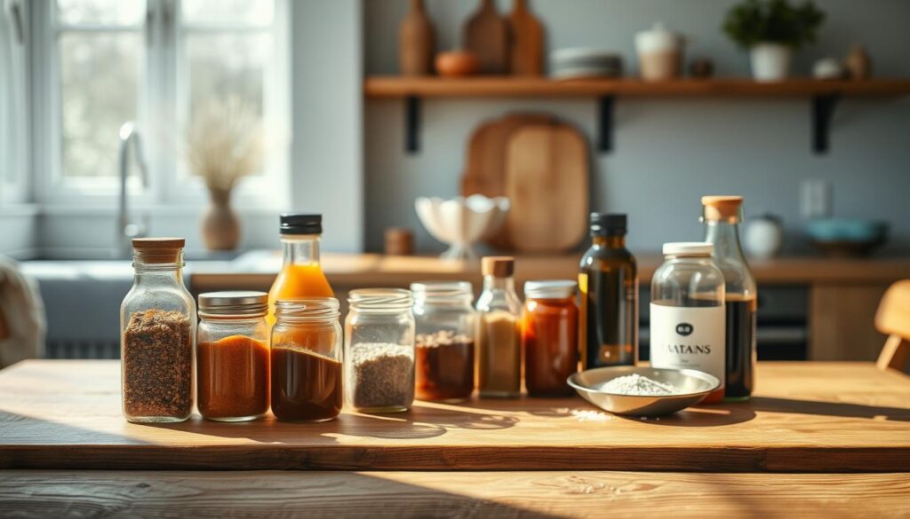 A wooden table in a cozy, minimal kitchen, adorned with an array of seasonings and sauces. Jars and bottles in various shapes and sizes sit atop the surface, casting soft shadows. The lighting is warm and inviting, highlighting the textures of the wood and the vibrant colors of the ingredients. In the background, light blue accents lend a calming, atmospheric feel. The composition emphasizes the importance of thoughtfully chosen seasonings and sauces in elevating the flavors of a sheet pan meal.
