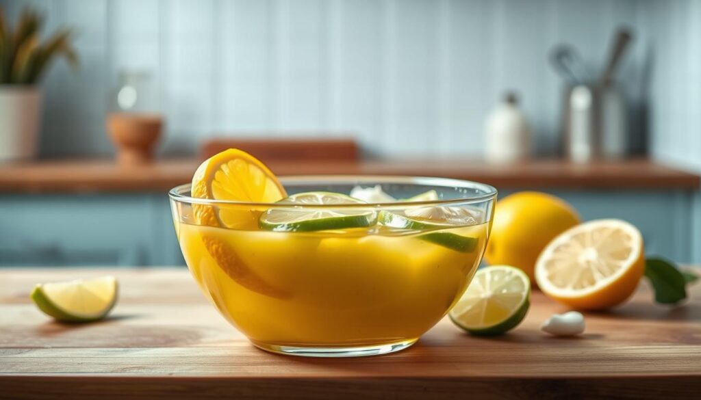 A zesty citrus garlic marinade glistens in a glass bowl, its vibrant hues of yellow and green creating a captivating centerpiece on a wooden kitchen countertop. Sliced lemon and lime wedges, along with freshly minced garlic, add layers of texture and depth to the aromatic mixture. Soft, even lighting from overhead illuminates the scene, casting gentle shadows and highlighting the marinade's glossy, appetizing appearance. The minimal, light blue-accented kitchen setting provides a clean, uncluttered backdrop, allowing the flavorful marinade to take center stage as a versatile flavor enhancer for a gluten-free sheet pan dinner.
