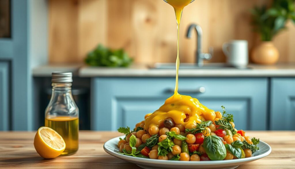 A zesty lemon dressing, glistening with a vibrant golden hue, cascades over a generous serving of chickpea salad. The dressing's tangy aroma fills the air of a cozy, minimal kitchen, its wooden textures and light blue accents creating a calming, natural atmosphere. The dressing's ingredients - freshly squeezed lemon juice, olive oil, Dijon mustard, and a touch of honey - are arranged neatly on the countertop, their individual elements visible yet seamlessly blended. The chickpea salad, tossed with crunchy vegetables and fragrant herbs, awaits its citrusy coating, ready to be enjoyed as a satisfying and nutritious cold lunch.