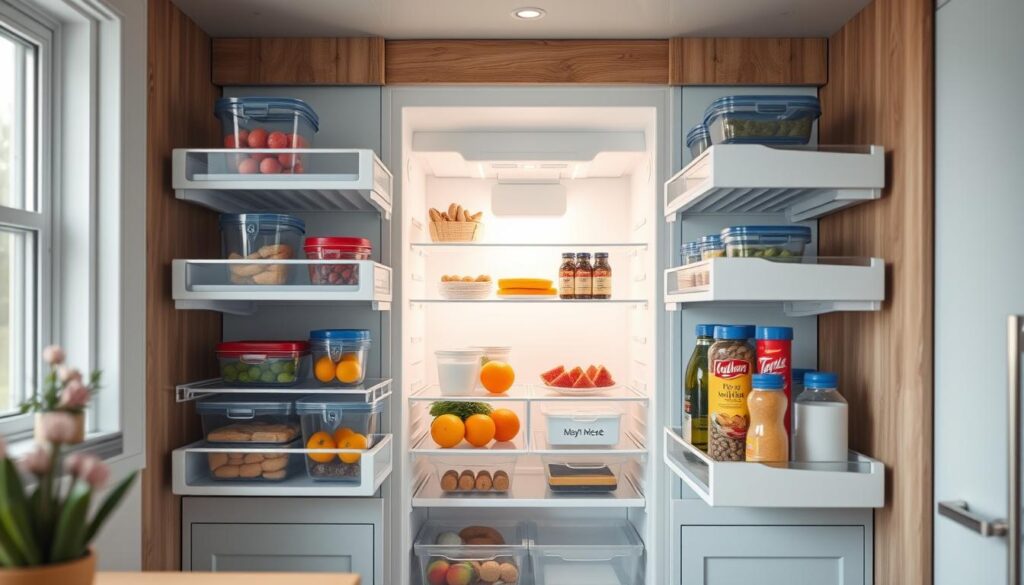 Adjustable refrigerator shelves in a cozy, minimal kitchen with warm wooden textures and light blue accents. The shelves have a sleek, modular design that allows for easy customization and organization. Soft, diffused lighting illuminates the interior, highlighting the thoughtful arrangement of fresh produce, meal prep containers, and neatly labeled condiments. The open, uncluttered layout invites mindful meal planning and a stress-free work kitchen experience.