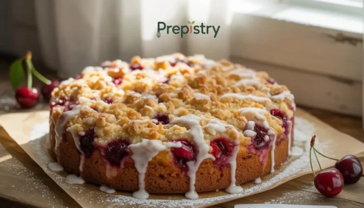 Cherry almond coffee cake with a golden streusel topping and icing drizzled.