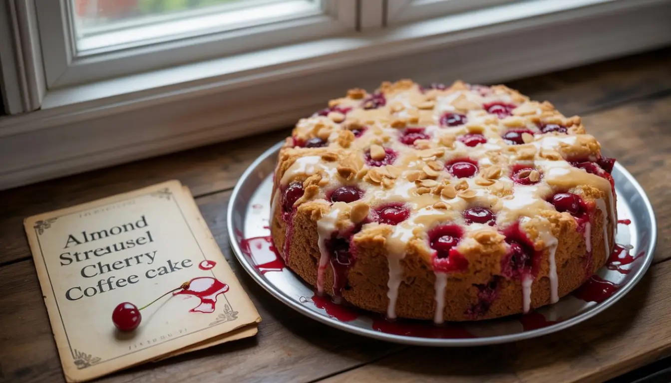 Almond Streusel Cherry Coffee Cake 2 Cherry coffee cake with almond streusel and icing, placed beside a recipe card.