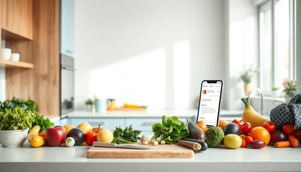 An airy, minimalist kitchen with sleek wooden cabinets and light blue accents showcases a bountiful display of fresh produce, neatly arranged on the countertop. Soft natural lighting filters through the room, creating a serene atmosphere. In the foreground, a cutting board stands ready, surrounded by a variety of ingredients, each carefully selected for their versatility and nutritional value. The middle ground features a thoughtfully planned grocery list, guiding the preparation of healthful, no-cook meals. In the background, a digital tablet or smartphone displays meal planning apps, streamlining the process of smart grocery shopping. The overall scene conveys a sense of organized efficiency, inspiring the viewer to approach meal prep with a strategic, well-informed mindset.