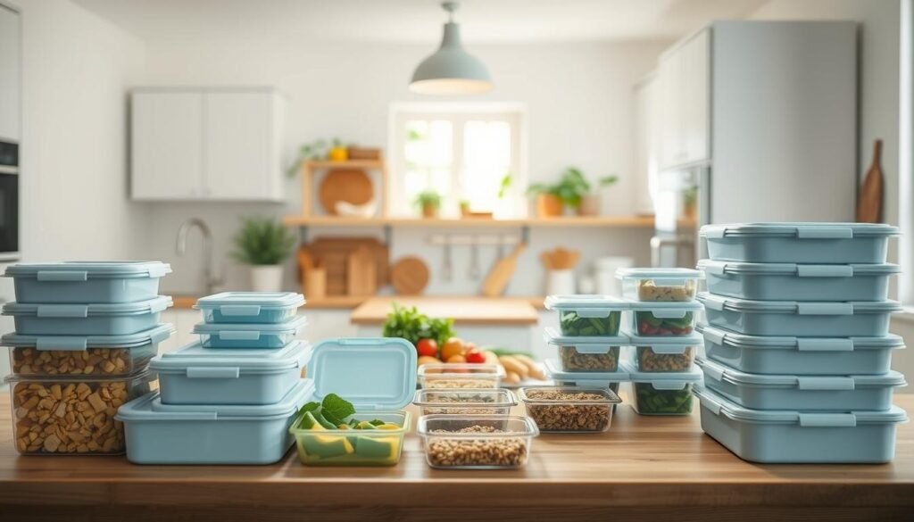 An airy, minimalist kitchen with white and light blue accents, crisp overhead lighting, and a soft, natural ambiance. In the foreground, an assortment of meal prep containers in various sizes, shapes, and materials, neatly organized on a wooden countertop. The containers feature tight-fitting lids, compartments, and stackable designs, optimized for storing and transporting healthy, vegetarian cold lunch options. In the middle ground, a selection of fresh produce, grains, and plant-based proteins, hinting at the nutritious meals being prepared. The background showcases the kitchen's clean, uncluttered lines and a glimpse of natural light streaming in through a window, creating an inviting, calm atmosphere.