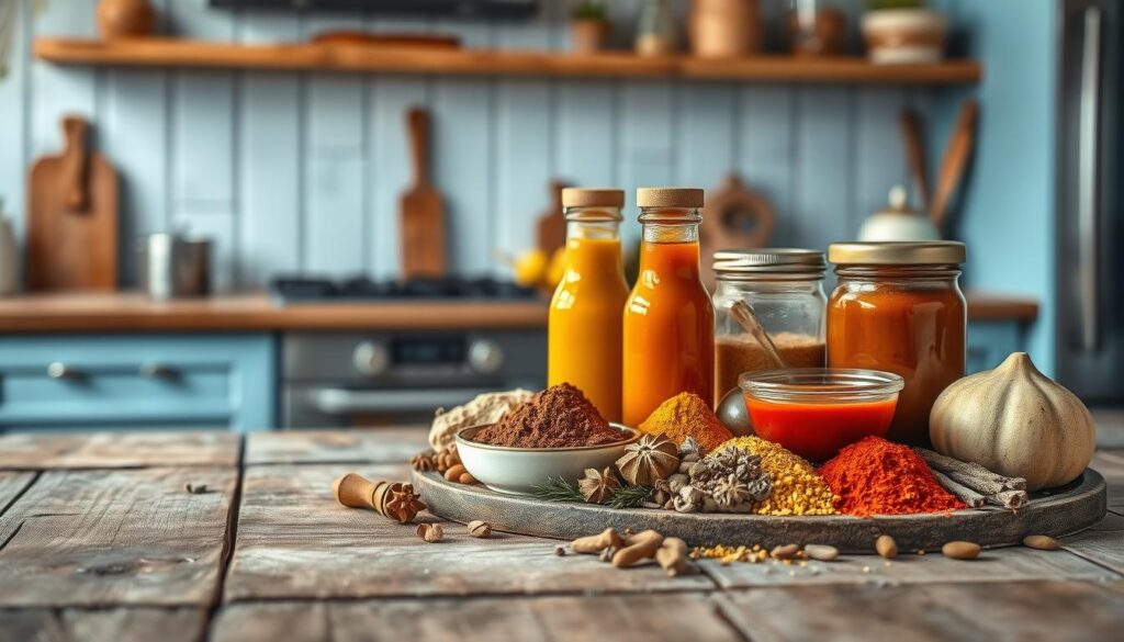 An arrangement of traditional Middle Eastern spices and sauces nestled on a rustic wooden table, with a minimal kitchen backdrop featuring light blue accents and wooden textures. The warm, earthy tones of the spices and the vibrant hues of the sauces create a visually captivating display, evoking the rich culinary heritage of the region. The soft, directional lighting casts subtle shadows, highlighting the intricate patterns and textures of the ingredients, while the overall composition conveys a sense of simplicity and authenticity.