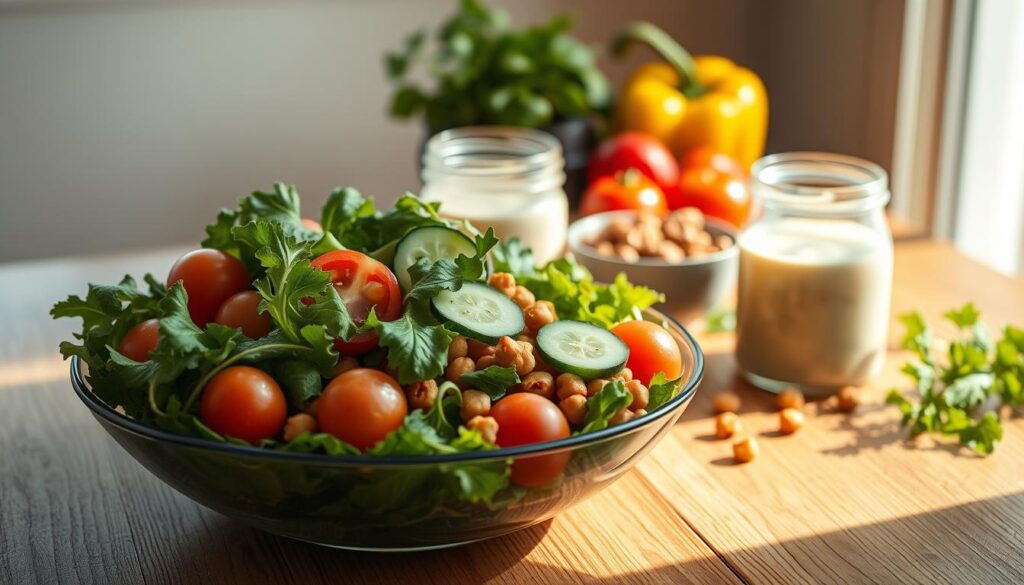 An arrangement of various dairy-free salad ingredients on a wooden table, bathed in warm, natural light. In the foreground, a bowl of mixed leafy greens, cherry tomatoes, sliced cucumbers, and roasted chickpeas. In the middle ground, a glass jar filled with a creamy, dairy-free dressing, and a small bowl of toasted nuts. In the background, a few fresh herbs and vibrant produce add pops of color to the minimalist, inviting scene. The overall mood is fresh, healthy, and visually appealing, capturing the essence of "Creative Dairy-Free Salad Ideas for Lunch".