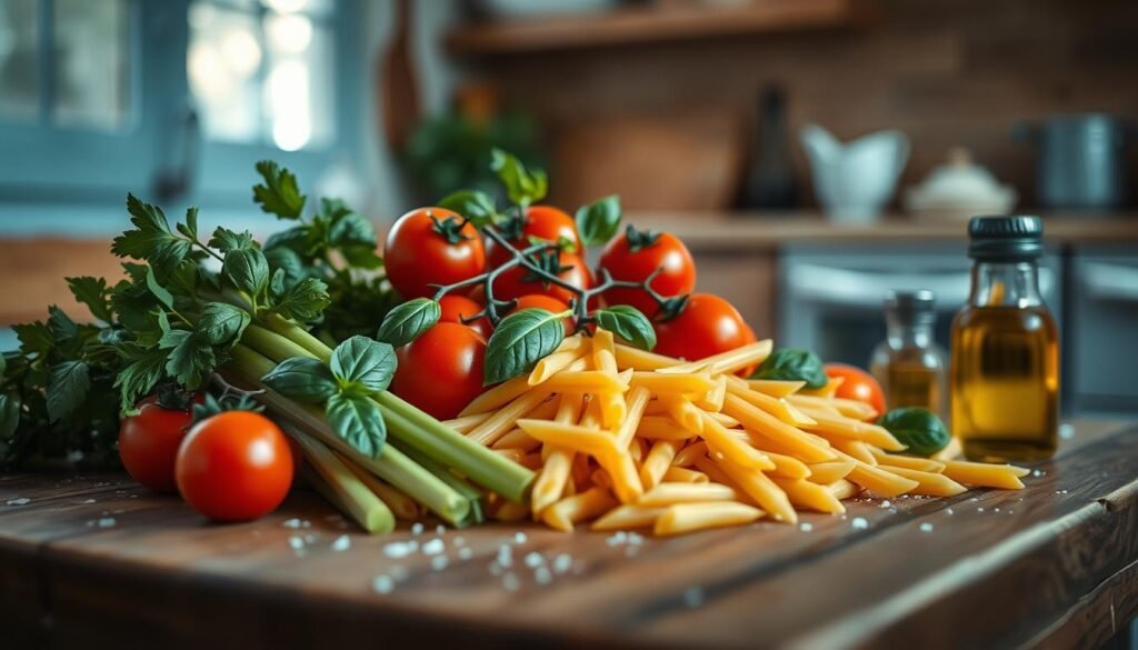 An array of vibrant, fresh ingredients arranged on a rustic wooden table in a cozy, minimal kitchen. Plump cherry tomatoes, crisp celery stalks, and fragrant basil leaves contrast with the rich hues of penne pasta. Golden olive oil and a sprinkle of sea salt add depth and flavor. Soft natural light filters through a nearby window, casting a warm, inviting glow over the scene. The overall mood is one of simplicity, nourishment, and the joy of good food shared.