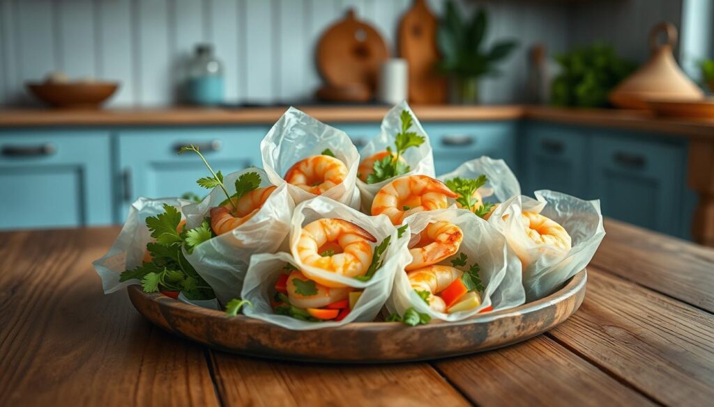 An artfully arranged platter of authentic Vietnamese summer rolls, featuring translucent rice paper wrappers filled with marinated shrimp, crisp vegetables, and fresh herbs. The rolls are presented on a rustic wooden table in a cozy, minimalist kitchen, the light blue accents and natural wooden textures creating a warm, inviting atmosphere. A sense of culinary artistry and global inspiration pervades the scene, the vibrant colors and flavors of the summer rolls promising a delightful international lunch option.