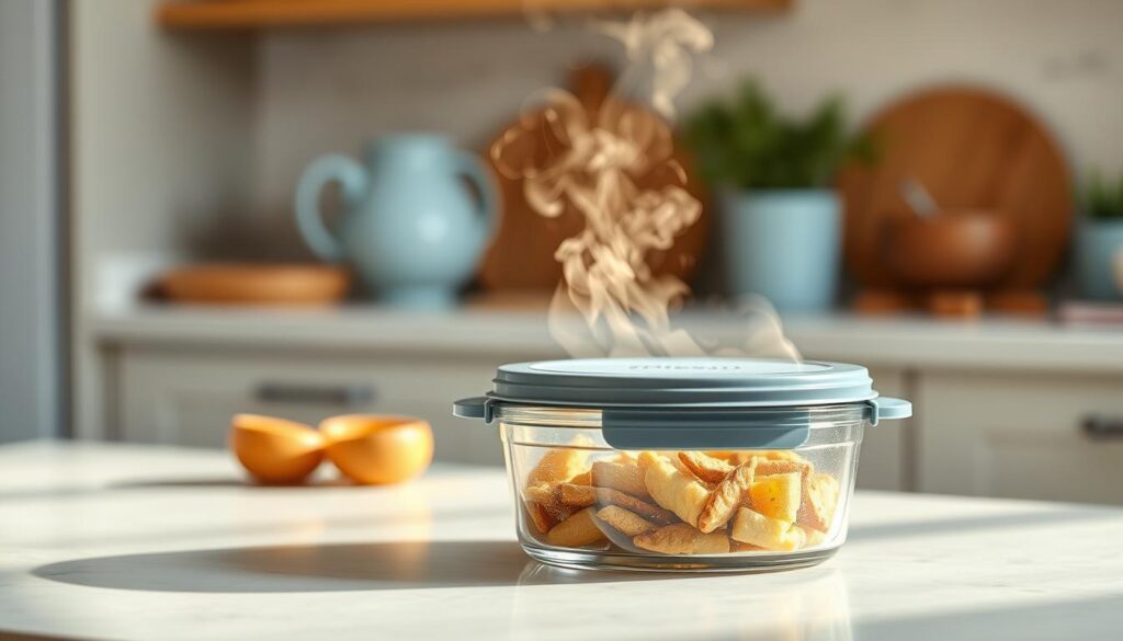 An artfully arranged scene in a cozy, minimal kitchen with wooden textures and light blue accents. On the counter, a glass container filled with steaming food, its moisture preserved by a Prepistry silicone lid, gently sealing in freshness. Soft, directional lighting casts a warm glow, highlighting the container's transparent body and the condensation forming on its sides. The scene exudes a sense of culinary care and attention to detail, perfectly capturing the 