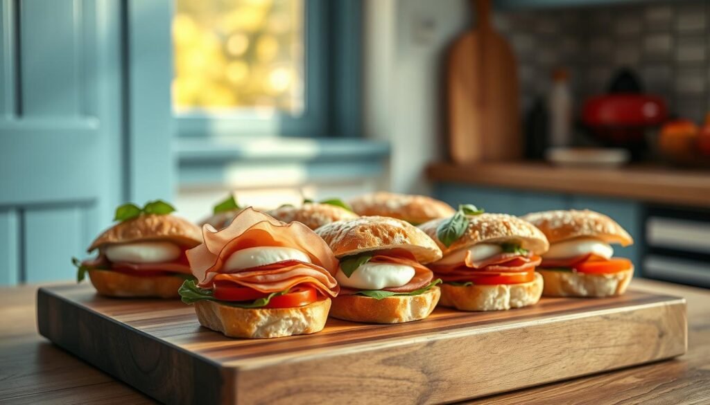An assortment of artisan Italian sandwiches on a wooden cutting board, bathed in warm, natural light filtering through a window. Crusty baguettes stuffed with layers of thinly sliced prosciutto, creamy burrata, juicy tomatoes, aromatic basil, and a drizzle of rich olive oil. The sandwiches are arranged neatly, showcasing their vibrant colors and rustic charm, complemented by the minimal kitchen's light blue accents and wooden textures. The overall mood is one of simplicity, quality, and authentic Italian flavors.