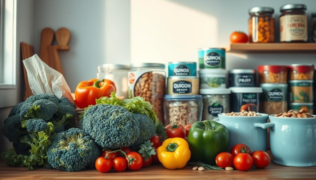 An assortment of common office meal ingredients arranged in a cozy, minimal kitchen setting with warm natural lighting. Fresh vegetables like broccoli, bell peppers, and cherry tomatoes sit alongside pantry staples like canned beans, quinoa, and nuts. The textures of the wooden shelves and light blue accents create a calming, organized atmosphere. The composition emphasizes the simplicity and versatility of these ingredients for quick, healthy office meals.