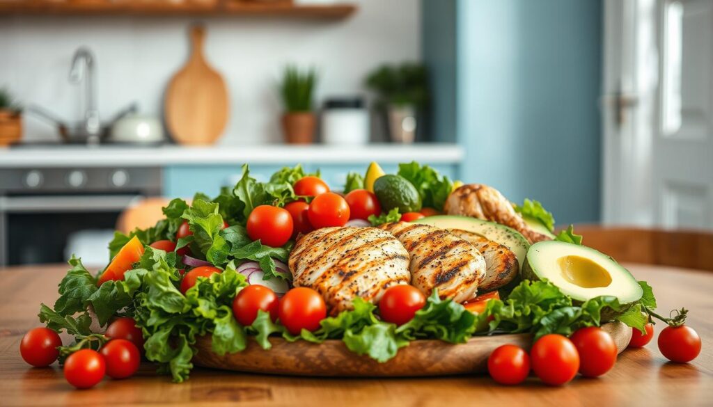 An assortment of fresh protein-rich ingredients arranged artfully on a wooden table in a cozy, minimal kitchen. Crisp greens, juicy cherry tomatoes, creamy avocado slices, and succulent grilled chicken breasts. Vibrant pops of color against the light blue accents and natural wooden textures. Soft, diffused lighting casts a warm glow, creating an inviting atmosphere. The composition is balanced and visually appealing, showcasing the variety of nutritious salad components that could be incorporated into a modern chicken salad.