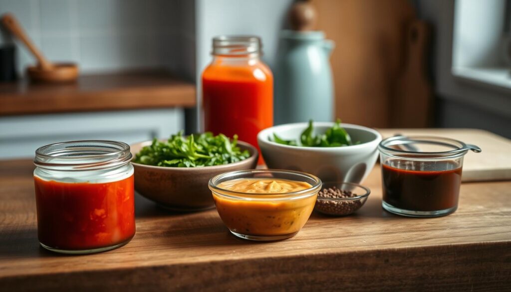 An assortment of homemade sauces for meal prep, neatly arranged on a wooden table in a cozy, minimal kitchen. In the foreground, a small glass jar filled with a vibrant red sauce, accompanied by a ceramic dish holding a creamy white dressing. In the middle ground, a stoneware bowl overflows with a fragrant green herb-based sauce, while a small glass container displays a rich brown marinade. The background features a few simple kitchen accents, like a light blue ceramic utensil holder and a cutting board, all bathed in soft, natural lighting that highlights the textures and colors of the sauces.