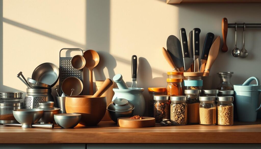 An assortment of neatly organized kitchen organization tools arranged on a wooden countertop, bathed in warm, natural lighting that casts gentle shadows. The tools include a range of measuring cups and spoons, a stainless steel grater, a set of sharp knives, a mortar and pestle, and a collection of spice jars in varying sizes and shapes. The color palette is muted, with touches of light blue accents that complement the wooden tones, creating a calming, minimalist atmosphere suitable for planning and preparing flavorful Indian dinner meals.