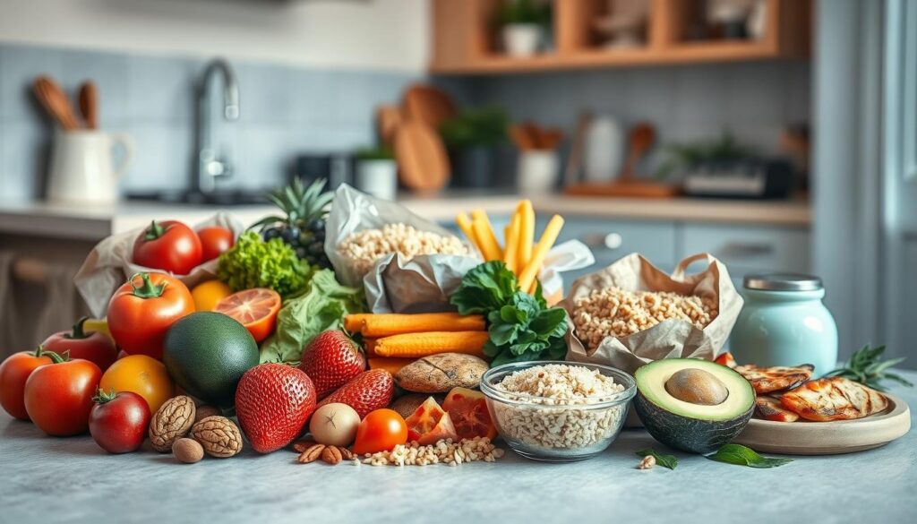 An assortment of nutritious food items arranged in a visually balanced and aesthetically pleasing composition, set against a backdrop of a cozy, minimalist kitchen with warm wooden textures and light blue accents. The items include a variety of fresh produce such as vibrant fruits and vegetables, whole grains like quinoa or brown rice, lean protein sources like grilled chicken or fish, and healthy fats like avocado or nuts. The lighting is soft and natural, highlighting the colors and textures of the ingredients. The overall mood is one of harmony and simplicity, conveying the essential components of a heart-healthy meal prep plan.