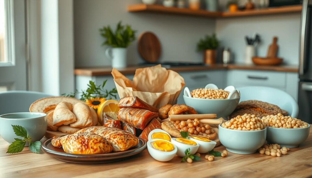 An assortment of protein-rich foods artfully arranged on a wooden table in a cozy, minimalist kitchen. Various ingredients such as grilled chicken, baked salmon, hard-boiled eggs, lentils, and chickpeas are displayed with care, complemented by light blue accents and a muted, natural lighting that casts a warm, inviting glow. The composition emphasizes the diverse sources of high-quality protein that can be incorporated into daily meals, visually conveying the importance of a balanced, nutrient-dense diet.