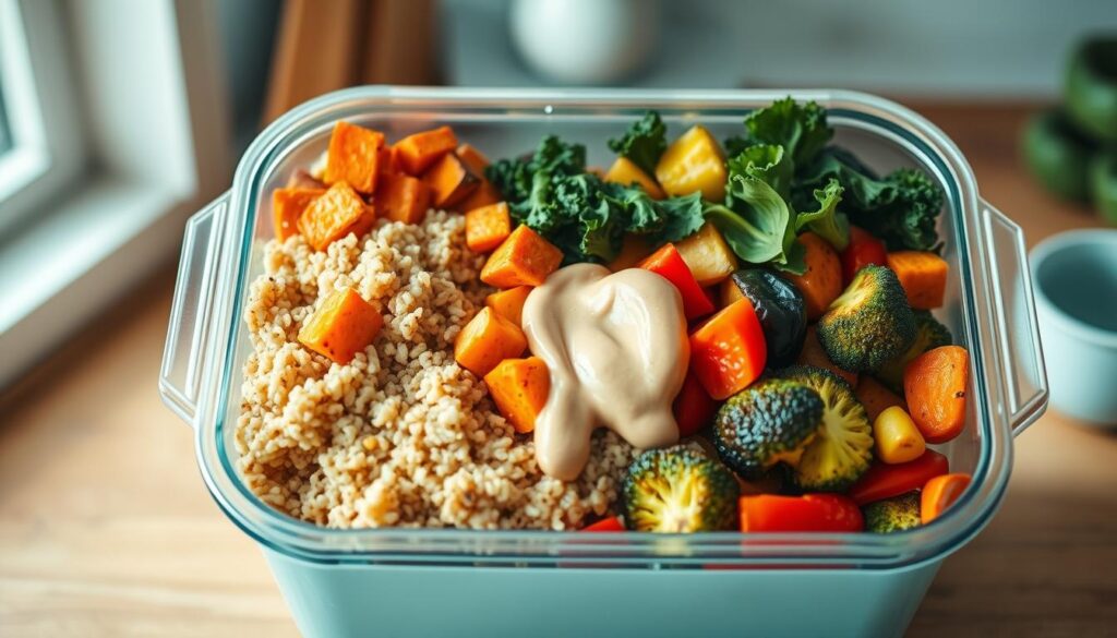 An assortment of wholesome grains and vibrant vegetables arranged in a visually appealing meal prep container, bathed in soft, natural lighting that accentuates their textures and colors. Quinoa, roasted sweet potatoes, sautéed kale, and a vibrant assortment of roasted veggies like bell peppers, zucchini, and broccoli. A light drizzle of tahini sauce adds a creamy, savory touch. The scene is set in a cozy, minimal kitchen with warm wooden textures and light blue accents, creating a soothing, welcoming atmosphere.