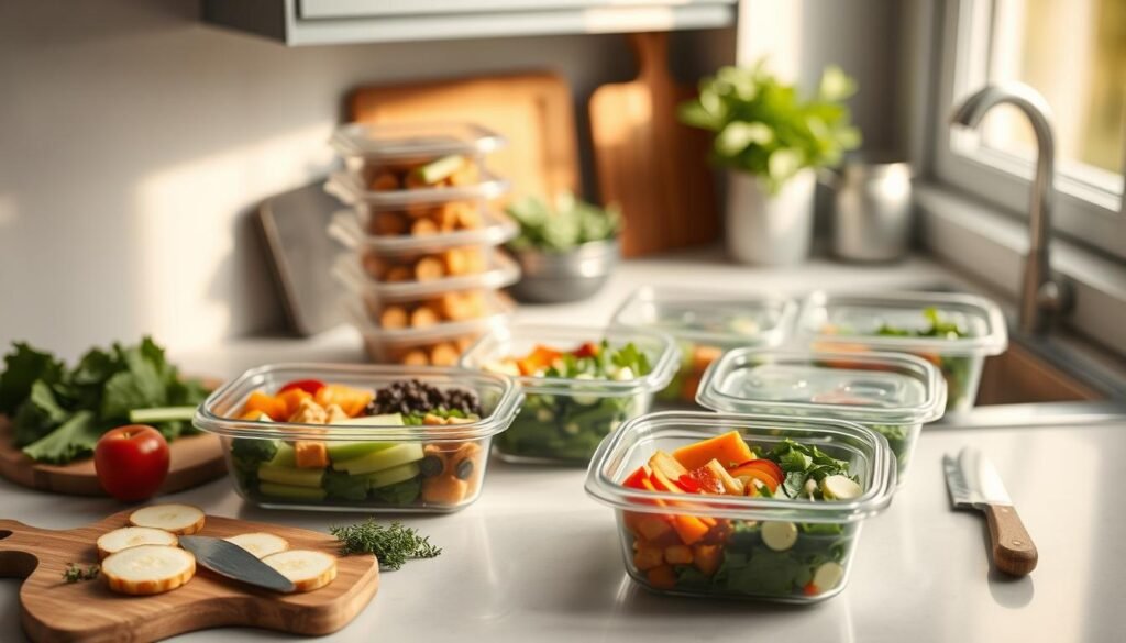 An efficiently organized kitchen counter with neatly arranged meal prep containers, each filled with a balanced, nutritious meal. Slices of fresh vegetables, herbs, and a set of prep tools like cutting boards and knives are strategically placed, conveying a sense of intentionality and organization. The lighting is soft and natural, cast through a nearby window, creating a warm, inviting atmosphere. The overall scene suggests a methodical, time-saving approach to office meal prepping, with a focus on simplicity and practicality.
