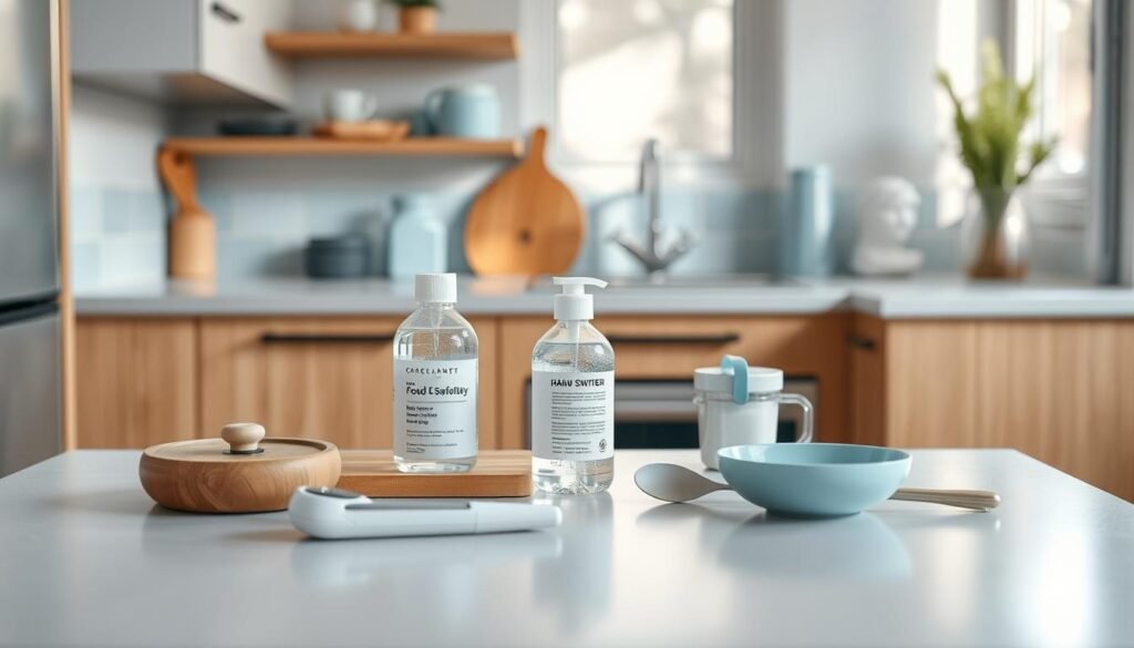 An elegantly arranged scene in a cozy, minimalist kitchen with warm wooden textures and light blue accents. A clean, uncluttered countertop showcases a selection of neatly organized food safety guidelines, including a thermometer, hand sanitizer, and sterilized food prep tools. The scene is bathed in soft, natural lighting that highlights the details and conveys a sense of order and cleanliness. The overall atmosphere is one of thoughtful preparation and a commitment to ensuring the safety and quality of homemade meals on the go.