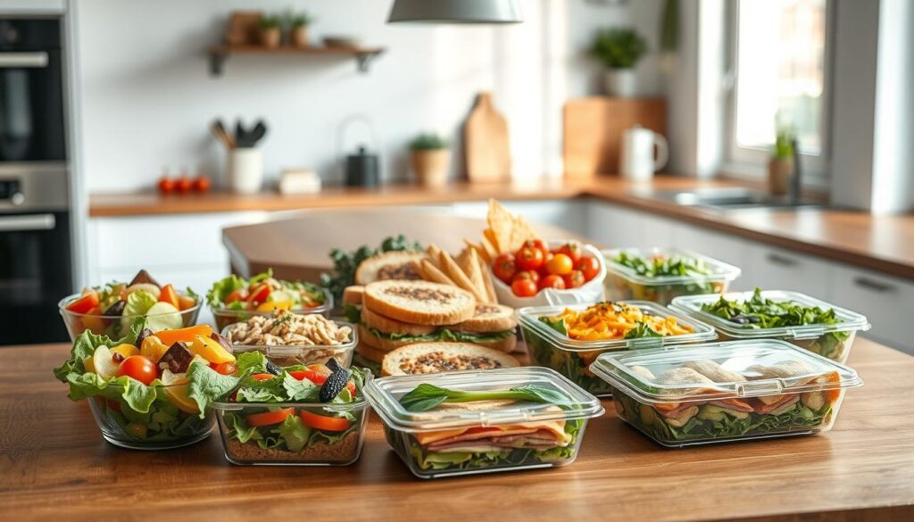 An enticing display of diverse cold lunch options, elegantly arranged on a wooden table in a bright, minimalist kitchen. A selection of fresh salads, sandwiches, and colorful vegetable-based dishes are presented with care, suggesting the convenience and nutritional benefits of a busy lifestyle lunch solution. Soft, natural lighting filters through the window, casting a warm glow and highlighting the textures of the ingredients. The overall scene conveys a sense of simplicity, health, and the ability to enjoy a satisfying meal even amidst a hectic schedule.