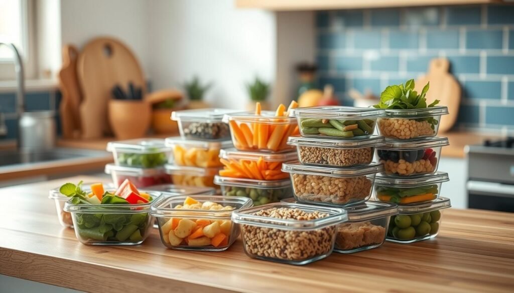 An inviting kitchen scene with a neatly arranged meal prep display on a wooden countertop. A variety of fresh ingredients, such as colorful vegetables, grains, and protein sources, are meticulously portioned out in glass containers, showcasing the benefits of meal prepping - convenience, portion control, and nutritional balance. Soft, natural lighting filters in through a window, casting a warm glow on the scene and highlighting the textures of the wooden surfaces and blue accent tiles. The overall atmosphere is one of organization, mindfulness, and a commitment to healthy eating.