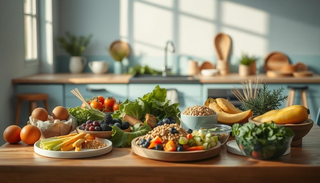An inviting, minimalist kitchen with light blue accents and natural wooden textures serves as the backdrop for an array of vegan lunch items artfully arranged on a wooden table. In the foreground, a variety of fresh produce, whole grains, and plant-based proteins create a visually appealing and nutritious spread. The scene is bathed in warm, natural lighting, casting soft shadows and highlighting the vibrant colors of the food. The overall atmosphere is one of simplicity, health, and culinary inspiration, perfectly capturing the essence of 