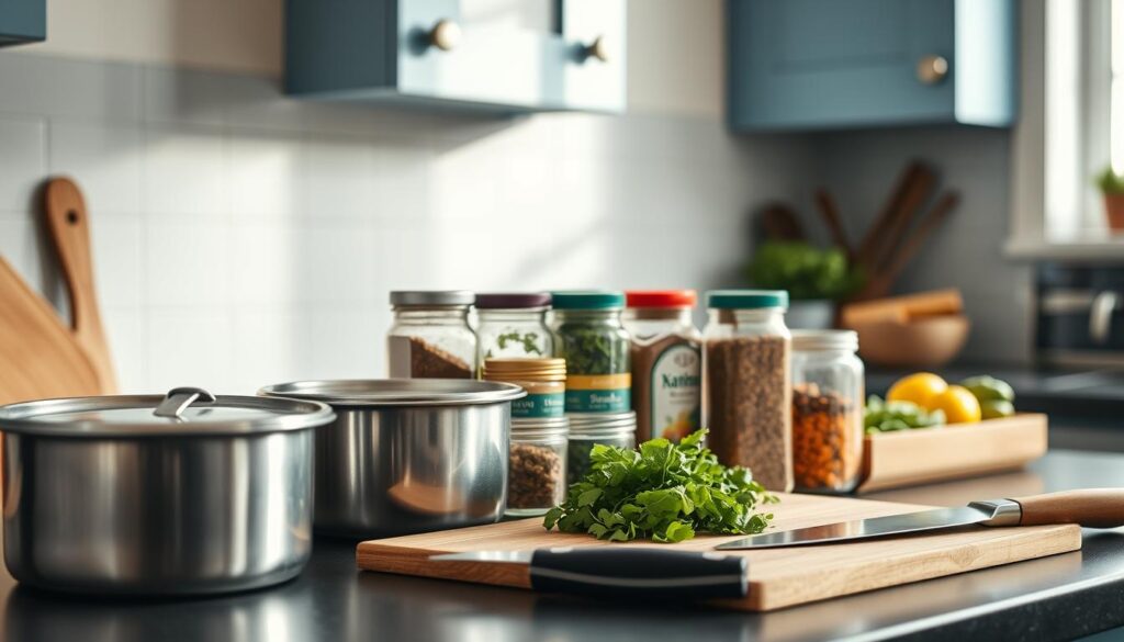 An organized kitchen counter with a variety of meal prep tools and ingredients. In the foreground, stainless steel containers, a cutting board, and a sharp knife. In the middle, jars of aromatic Indian spices, fresh herbs, and chopped vegetables. The background features a minimalist tile backsplash, soft blue cabinets, and natural lighting from a nearby window, creating a calming, efficient workspace. The overall mood is one of intention, productivity, and thoughtful meal planning.