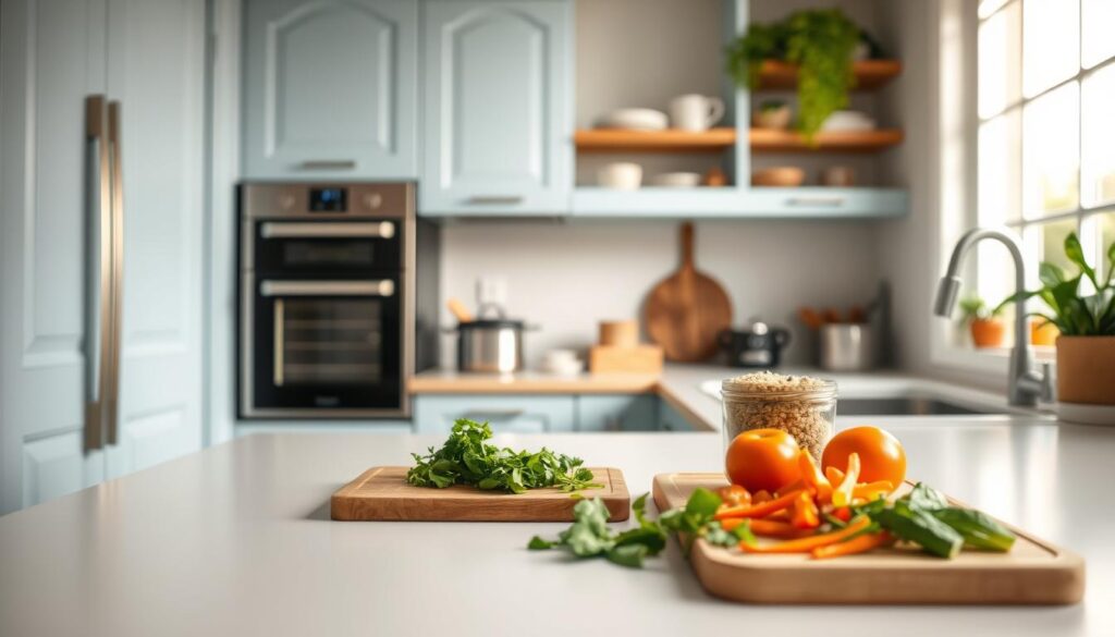 An organized kitchen interior with an emphasis on heart-healthy meal prep. The foreground features a clean, spacious countertop with freshly chopped vegetables, a wooden cutting board, and a glass container filled with quinoa. In the middle ground, high-quality cookware and a stainless steel appliance blend seamlessly with the light blue cabinetry and natural wood tones. The background showcases a large window, allowing soft, diffused natural lighting to fill the space, creating a calming and nurturing atmosphere. The overall scene conveys a sense of intentionality, wellness, and a commitment to nourishing the body and mind.