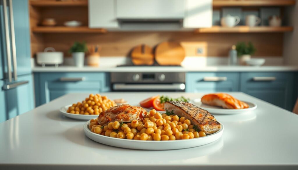 Appetizing assortment of versatile proteins displayed in a cozy, minimal kitchen. Foreground features neatly arranged portions of roasted chicken, simmered chickpeas, and grilled salmon, all glistening under soft, natural lighting. Middle ground showcases a sleek white countertop with light blue accents, complementing the wooden textures of the background cabinets and shelves. Serene atmosphere evokes a sense of culinary inspiration, highlighting the nutritious and flavorful ingredients ready to be incorporated into a variety of delectable work lunches.