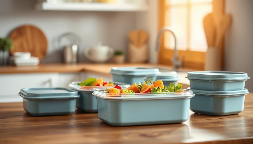Arranged on a wooden kitchen countertop, a set of sleek, modern meal prep containers in shades of light blue and grey, their lids ajar to reveal fresh, colorful ingredients. The containers are illuminated by soft, natural lighting filtering through a nearby window, casting gentle shadows and highlighting the clean, minimalist design. The scene exudes a sense of organization and efficiency, perfectly suited for the 