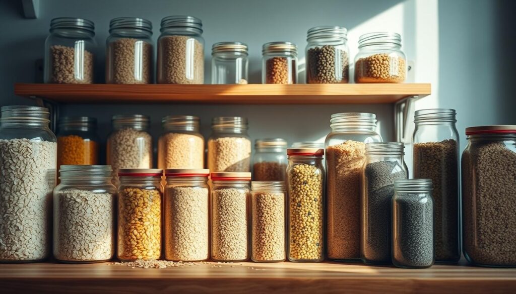 Artfully arranged assortment of wholesome pantry essentials - rows of glass jars filled with various grains, legumes, and seeds against a backdrop of warm, wooden shelves and light blue accent walls. Soft natural lighting illuminates the rustic, minimal kitchen setting, casting gentle shadows and highlights on the organic textures. Oats, quinoa, brown rice, lentils, and chia seeds stand ready to be transformed into nourishing, low-sugar breakfast dishes. A sense of order, simplicity, and culinary potential permeates the scene.