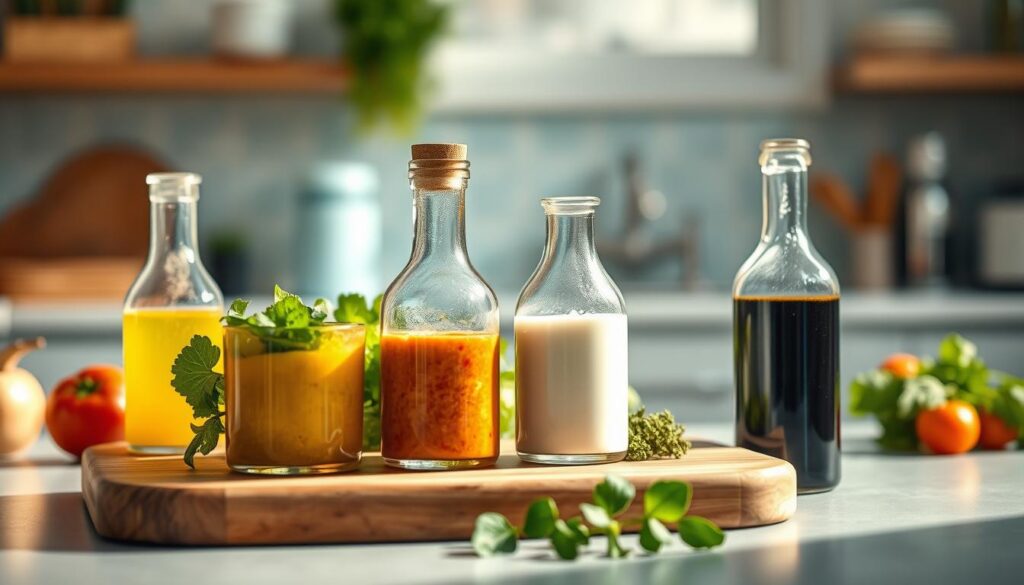 Artfully arranged salad dressings in an inviting, well-lit kitchen. Sleek glass bottles filled with vibrant vinaigrettes, creamy ranch, and tangy balsamic, sitting atop a wooden cutting board. Soft shadows and highlights accentuate the rich colors and textures. Light blue accents add a calming, sophisticated ambiance. The scene evokes a sense of culinary experimentation and fresh, flavorful possibilities for crafting nourishing office meals.