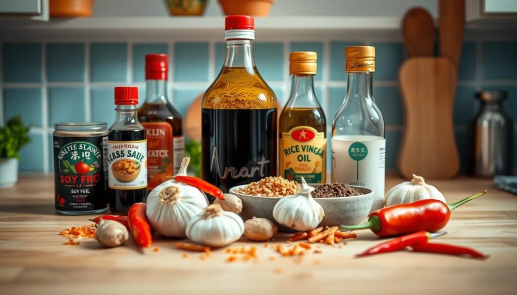 Artistic close-up of a selection of essential stir fry sauce ingredients arranged on a wooden kitchen counter with light blue accents. Overhead lighting casts gentle shadows, highlighting the vibrant colors and textures of soy sauce, sesame oil, rice vinegar, garlic, ginger, chili peppers, and other aromatic spices. The scene conveys a sense of culinary preparation and the comforting ambiance of a well-stocked, minimalist kitchen.