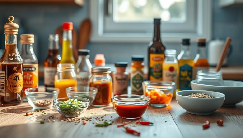 Artistic still life photograph of various Asian-inspired flavor booster sauces and condiments displayed on a wooden kitchen counter with light blue accents. The foreground features an array of small glass jars, bowls, and bottles containing sauces like teriyaki, soy sauce, sriracha, ginger-garlic paste, and sesame oil. The middle ground includes scattered ingredients like scallions, sesame seeds, and chili peppers. The background has soft, natural lighting from a window, creating a cozy, minimal atmosphere. The image emphasizes the vibrant colors, textures, and variety of flavorful elements that can elevate a simple tofu dish.