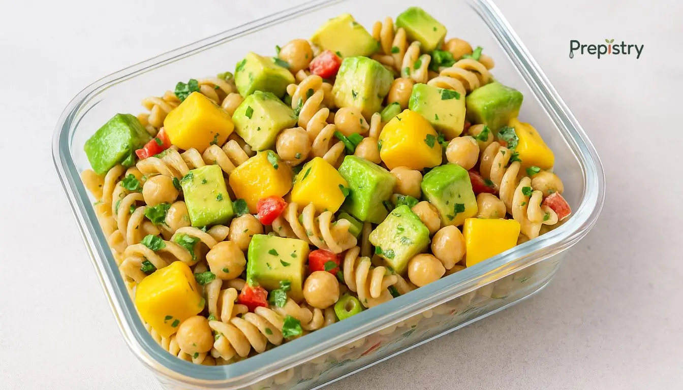 Avocado Mango Chickpea Pasta Salad Avocado mango chickpea pasta salad in a glass lunch container on a light surface