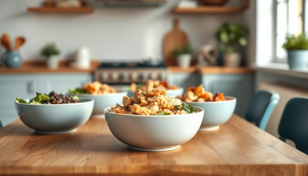 Balanced meal prep bowls arranged neatly on a wooden table in a cozy, minimalist kitchen. Soft blue accents compliment the earthy tones. The bowls are filled with a variety of grains, sautéed vegetables, and lean protein sources like grilled chicken or roasted tofu. The lighting is natural and diffused, creating a warm, inviting atmosphere. The composition is visually appealing, with each element thoughtfully placed to create a harmonious and appetizing display. The overall scene conveys a sense of healthy, nutritious sustenance and meal planning.