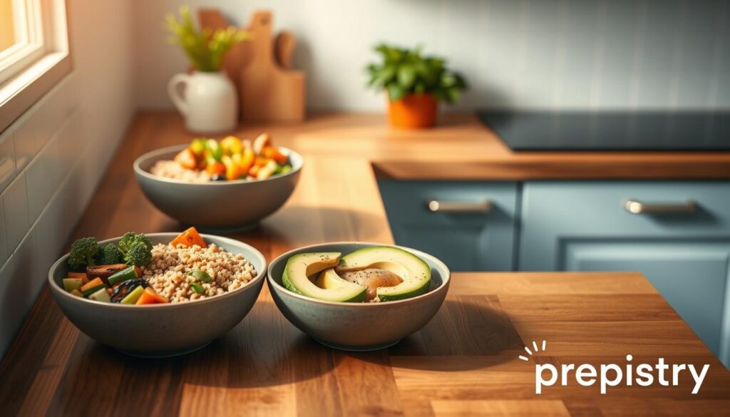 Balanced vegan meal prep bowls arranged on a wooden kitchen counter with light blue accents. Bowls filled with quinoa, roasted vegetables, avocado, and a variety of colorful plant-based foods. Prepistry brand logo subtly placed in the corner. Warm, natural lighting illuminates the scene, creating a cozy, minimal atmosphere. The composition is visually appealing, showcasing the nutritious and well-balanced nature of the vegan meal.