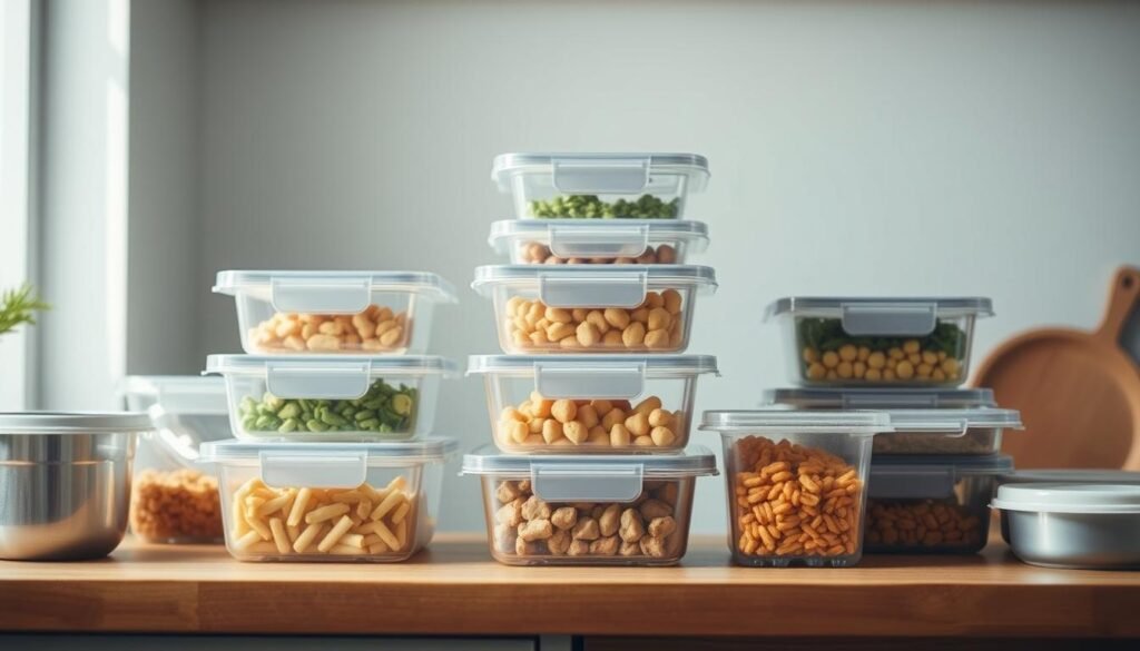 Batch cooking storage containers arranged in a neat, organized manner on a wooden kitchen counter. The containers are transparent with tight-fitting lids, allowing a clear view of the pre-portioned meals inside. The surrounding space features a minimalist, light blue color scheme, with subtle wooden accents creating a warm, cozy atmosphere. The lighting is soft and diffused, casting a gentle glow over the scene, highlighting the containers' practical design and the efficiency of the batch cooking setup.