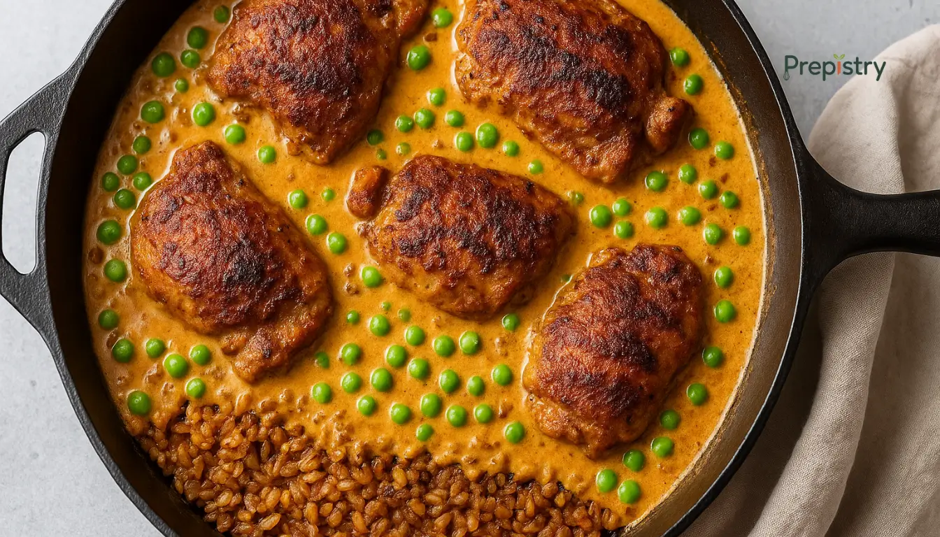 Berbere Chicken and Crispy Farro Skillet Crispy berbere-spiced chicken thighs in golden curry sauce with peas and farro in a cast iron pan
