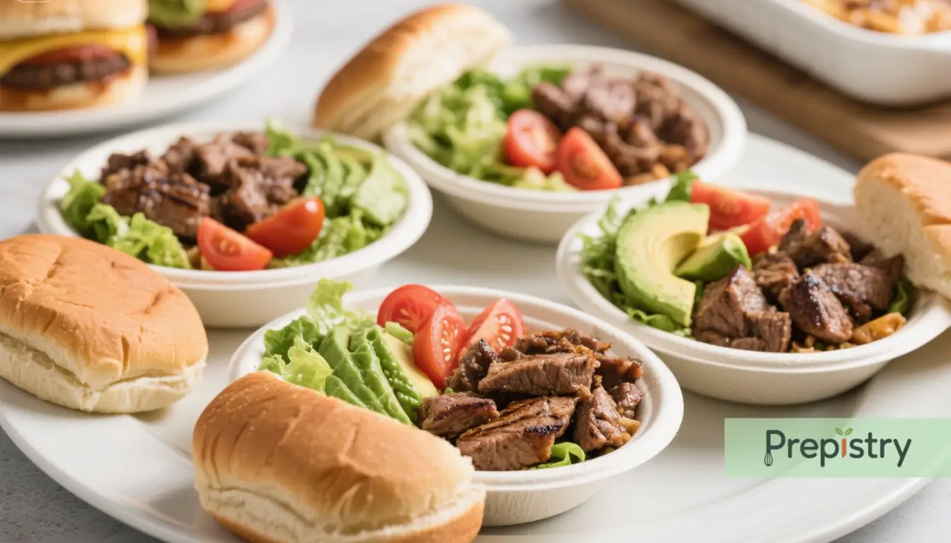 Big Mac-Inspired Protein Bowl Steak bowls with tomatoes, avocado, and lettuce, paired with soft buns.
