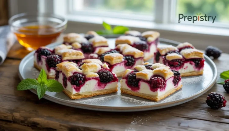 Close-up of blackberry cream cheese squares on a tray with honey and mint.